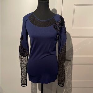 Byblos Blue Fitted Embellished Long Sleeve Blouse Made in Italy